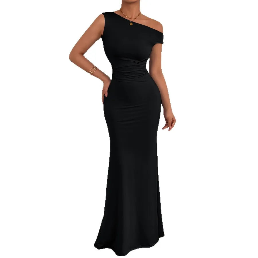 Black one-shoulder dress on a white background