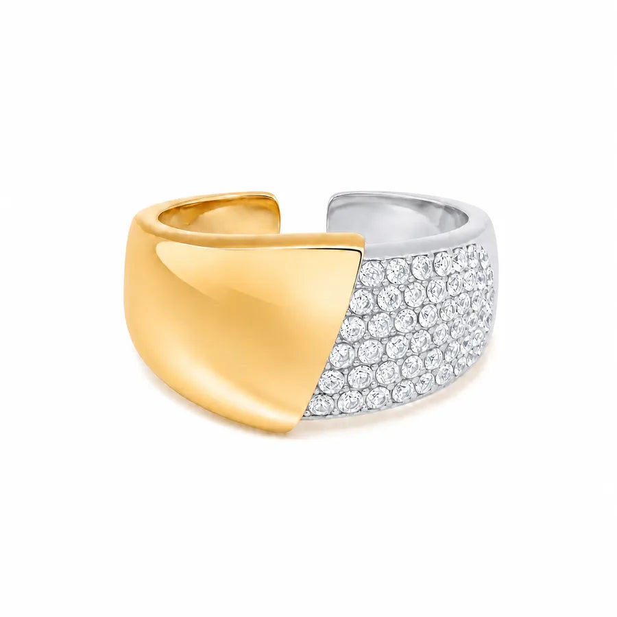 Two gold and silver rings on a white background Luxury 18K Gold PVD Plated Geometric Zircon Ring – Adjustable Stainless Steel Statement Band for Women & Men