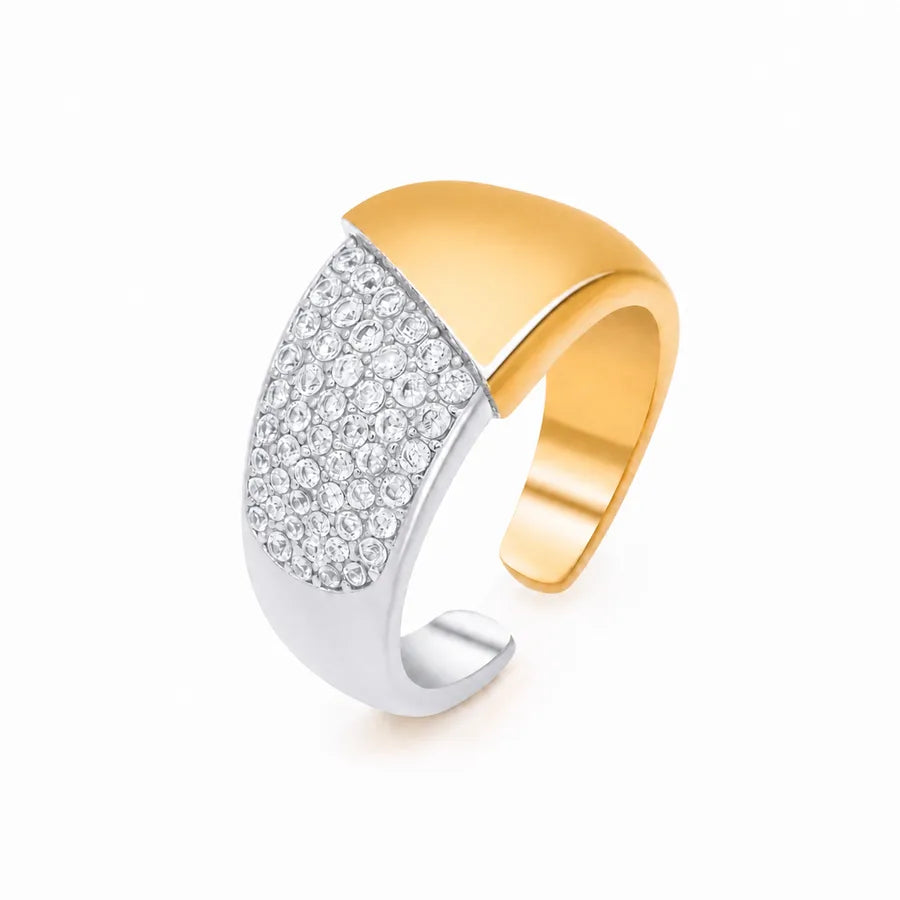 Two-tone gold and silver ring with diamond accents on a white background Luxury 18K Gold PVD Plated Geometric Zircon Ring – Adjustable Stainless Steel Statement Band for Women & Men