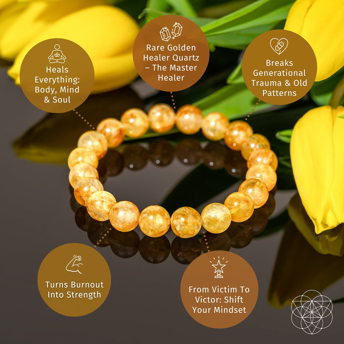 Gold beaded bracelet with therapeutic benefits text on a reflective surface with yellow tulips. The Master Reset – Golden Healer Quartz Bracelet