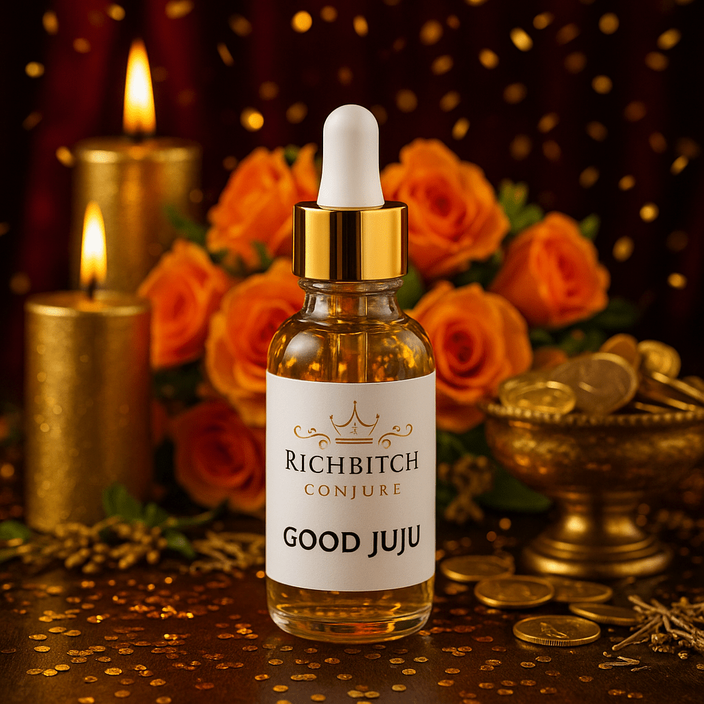 Bottle labeled 'Good Juju' from 'Richbitch Conjure' with candles and roses in the background