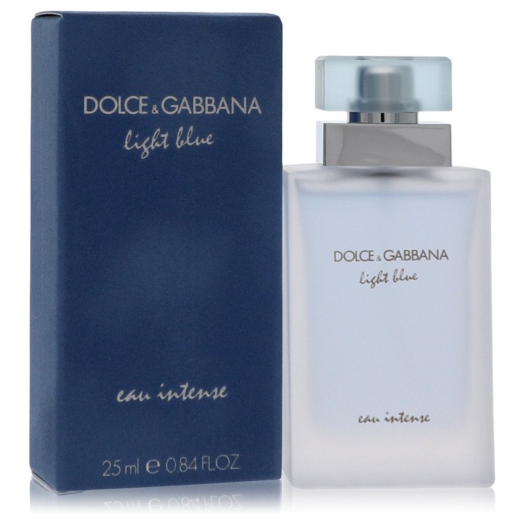 Dolce & Gabbana Light Blue Eau Intense women’s perfume bottle displayed next to its signature dark blue box, presented on a clean white background.