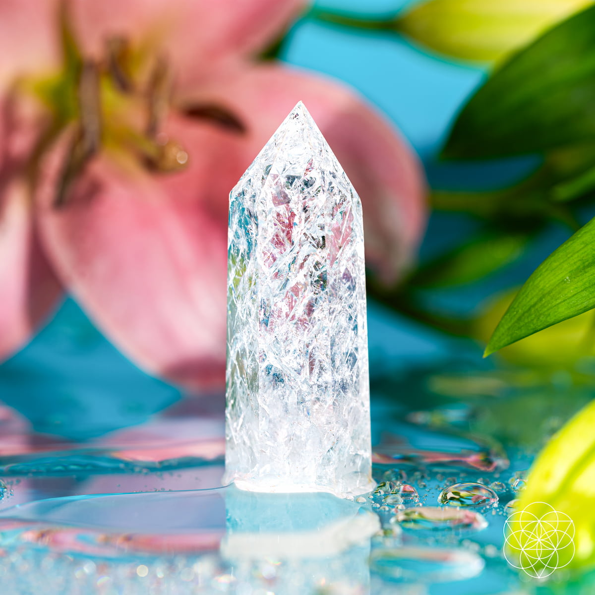 A clear, ice-like crystal tower with internal branching structures stands upright in shallow blue water, with a pink flower and green leaves softly blurred in the background. Limitless Manifestation - Ice Quartz Point