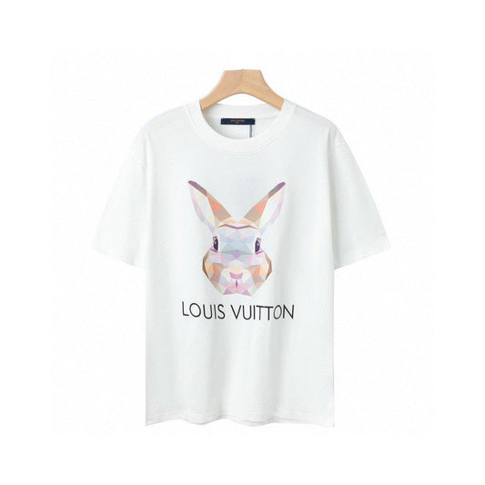 White t-shirt with a colorful rabbit graphic and 'Louis Vuitton' branding on a white background. Louis Vuitton T-Shirt Without Collar 'White'