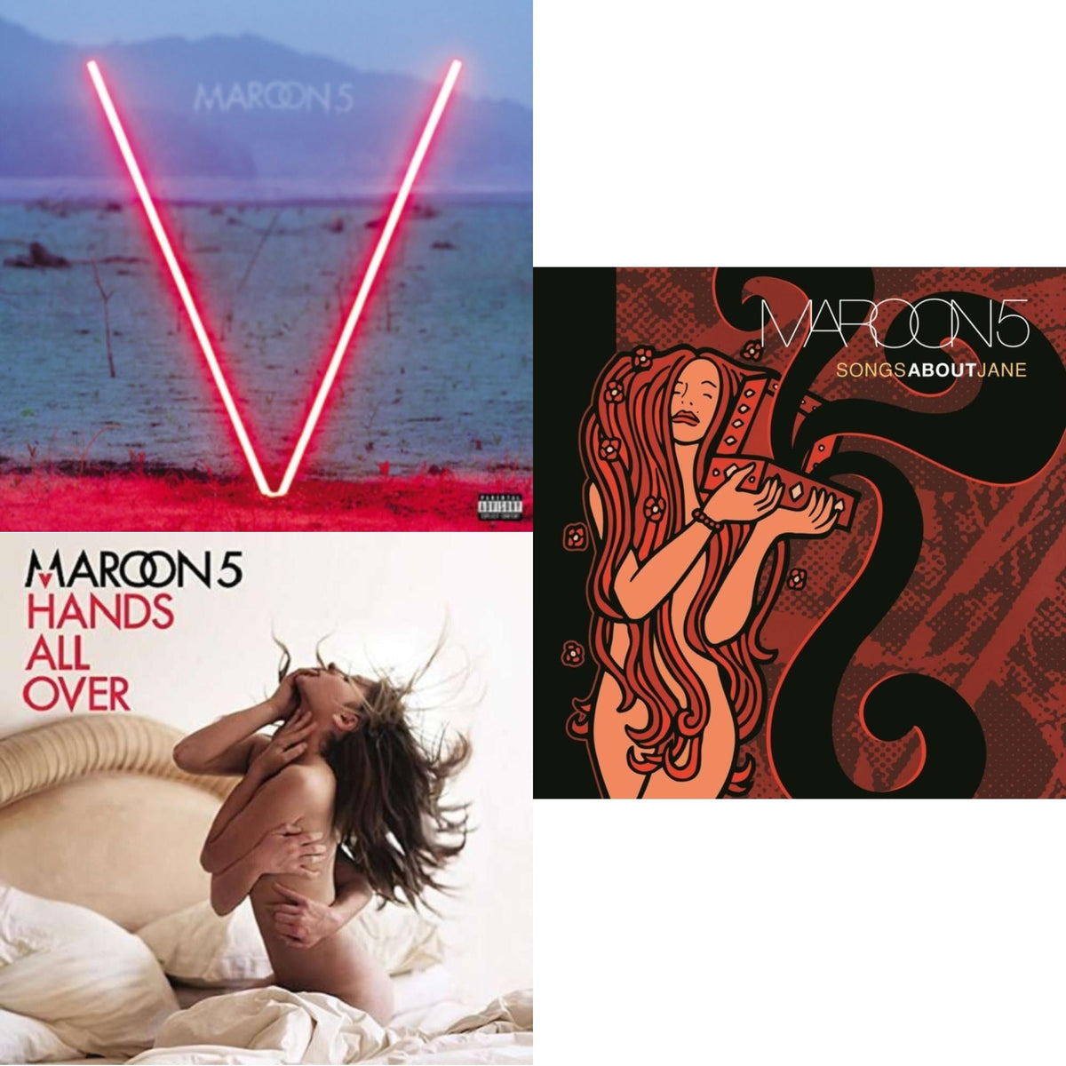 Write an SEO-optimized alt text for this image that describes the 3-LP Maroon 5 vinyl bundle to improve search rankings and drive sales. Focus on including the artist name, album titles, and relevant keywords like "vinyl record bundle" and "collectible music."