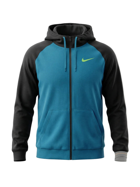 A Nike full-zip hoodie with a teal blue body and black raglan sleeves, featuring a small lime green swoosh on the chest. The hoodie is shown against a light gray background with a watermark in the bottom right corner.