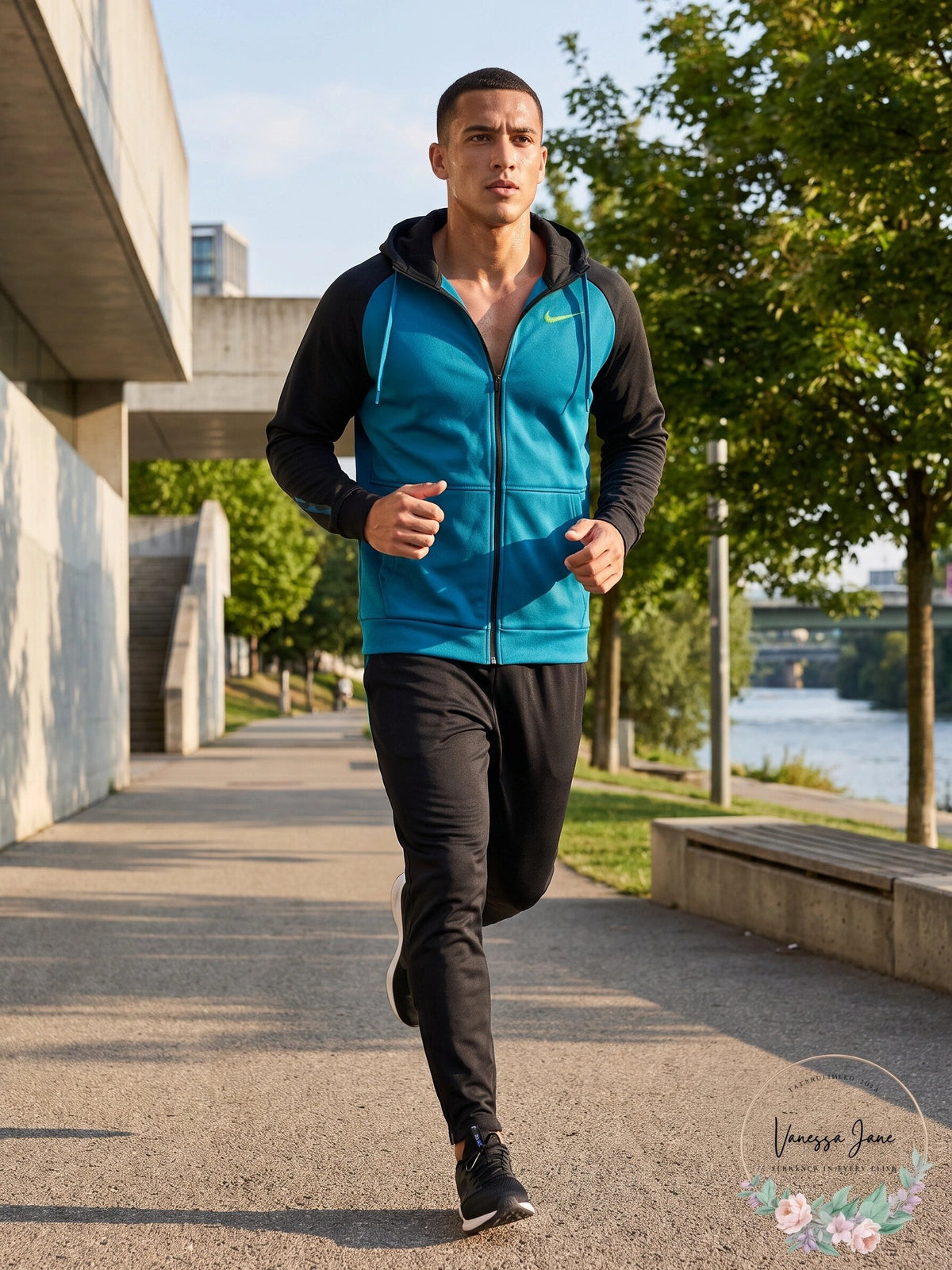 A man jogging outdoors on a paved path next to a river, wearing a Nike zip-up hoodie with a bright teal blue front panel and black sleeves and pants.