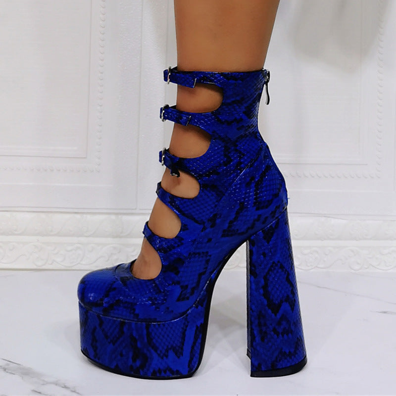 Blue platform high heel shoe on a white background