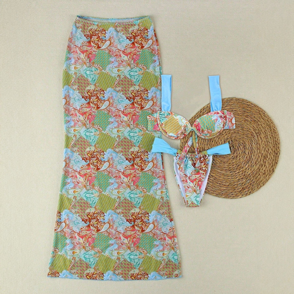 Spring Sexy Hot Girl Color Block Print Strappy Top High Waist Skirt Three Piece Set