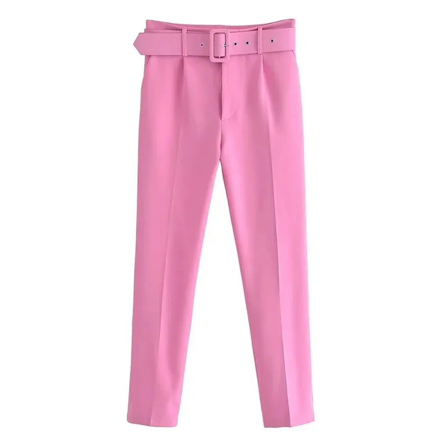 Pink pants with a belt on a white background high waisted pants women, pleated trousers women, ankle length pants, slim fit trousers, business casual pants, work pants women, office trousers, women's dress pants, casual chic outfit