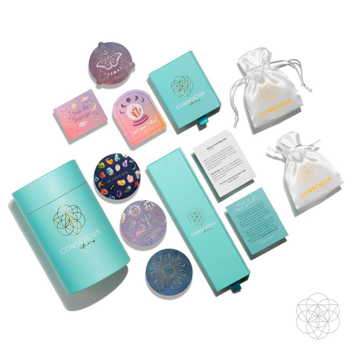Collection of turquoise and pastel-colored items with 'Conscious' branding on a white background. Limitless Manifestation - Ice Quartz Point