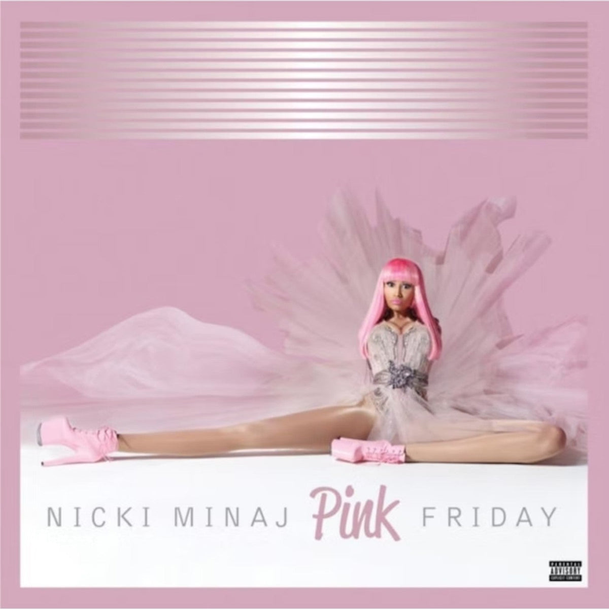 Album cover for Nicki Minaj's Pink Friday 10th Anniversary pink vinyl and Pink Friday: Roman Reloaded 2LP set, featuring Nicki Minaj in a pink dress and wings against a signature pink background. This collectible vinyl bundle includes two iconic hip-hop and pop-rap records, perfect for Nicki Minaj fans and vinyl collectors.