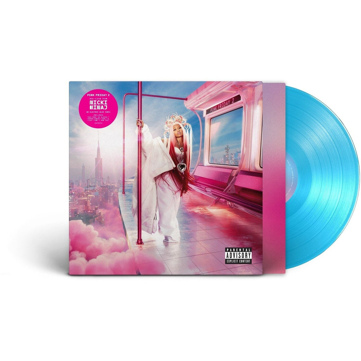 Nicki Minaj Pink Friday 2 (X) limited edition electric blue vinyl record LP, brand new music album featuring R&B and hip-hop tracks, collectible Republic Records pressing.