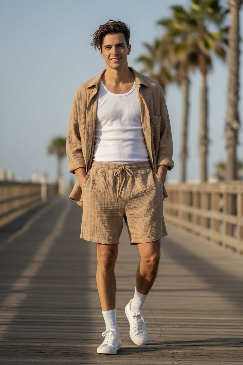 Man wearing a Beige long sleeve shirt with a white tank top and drawstring waist shorts on a white background. Beach boardwalk summer vibes outfit ideas,. Outfit sets