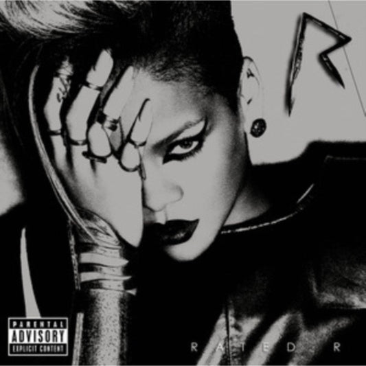 Rihanna Rated R album cover art featuring a close-up of a hand holding a gold mask over her face, presented as a high-quality Black Ice 2LP vinyl record.