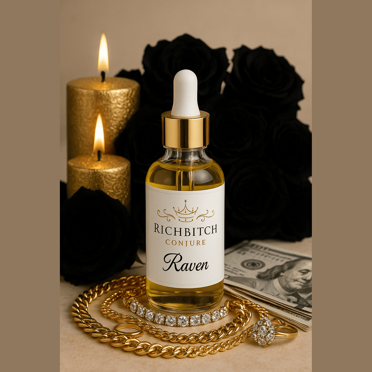 Bottle of 'Richbitch Conjure Raven' with candles, money, and jewelry on a table.