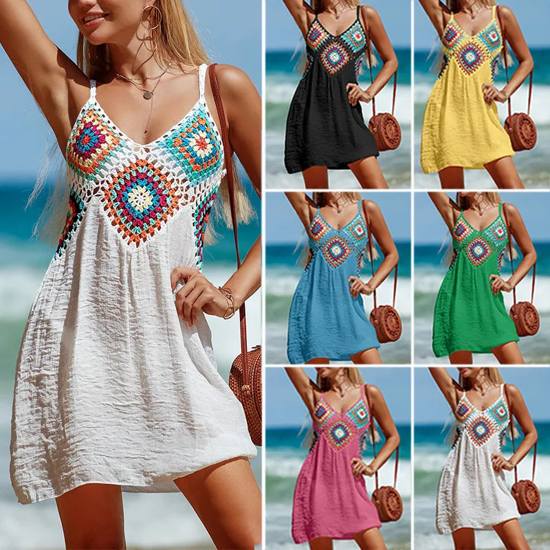 Collage of women wearing colorful crochet dresses on a beach.