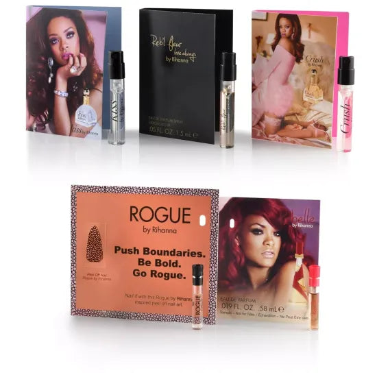 Discover the essence of Rihanna’s iconic fragrances with this 5-piece perfume sample set, featuring miniature vial bottles of Crush, Reb'l Fleur, Kiss, Rogue, and Rebelle, perfect for gifting or testing new scents.