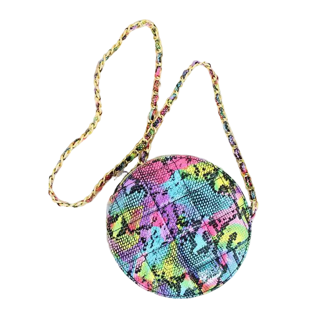 Round multicolored patterned bag with a strap on a white background