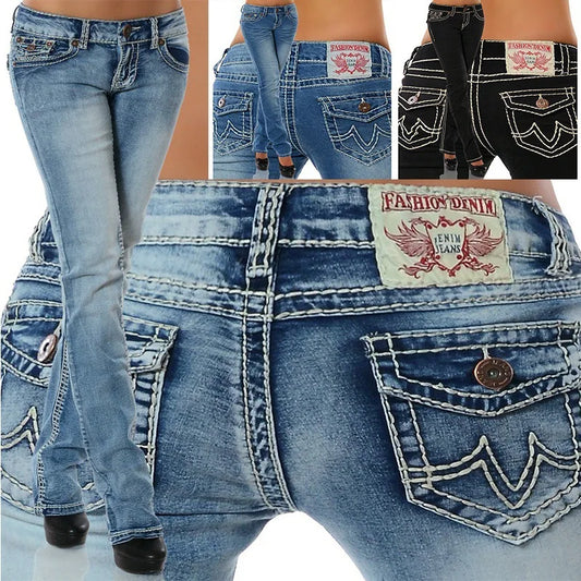 2026 Spring Summer Women's Embroidered Denim Jeans Pants High Waist Straight Trousers Slim Fit Bottoms