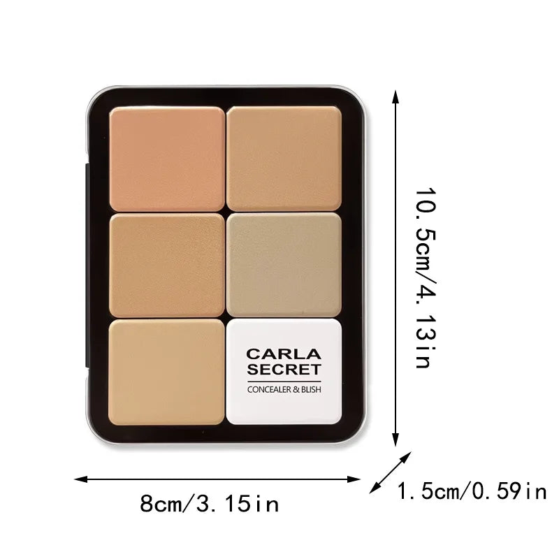 Concealer and blush palette with six beige shades and 'Carla Secret' branding, showing dimensions on a white background.
