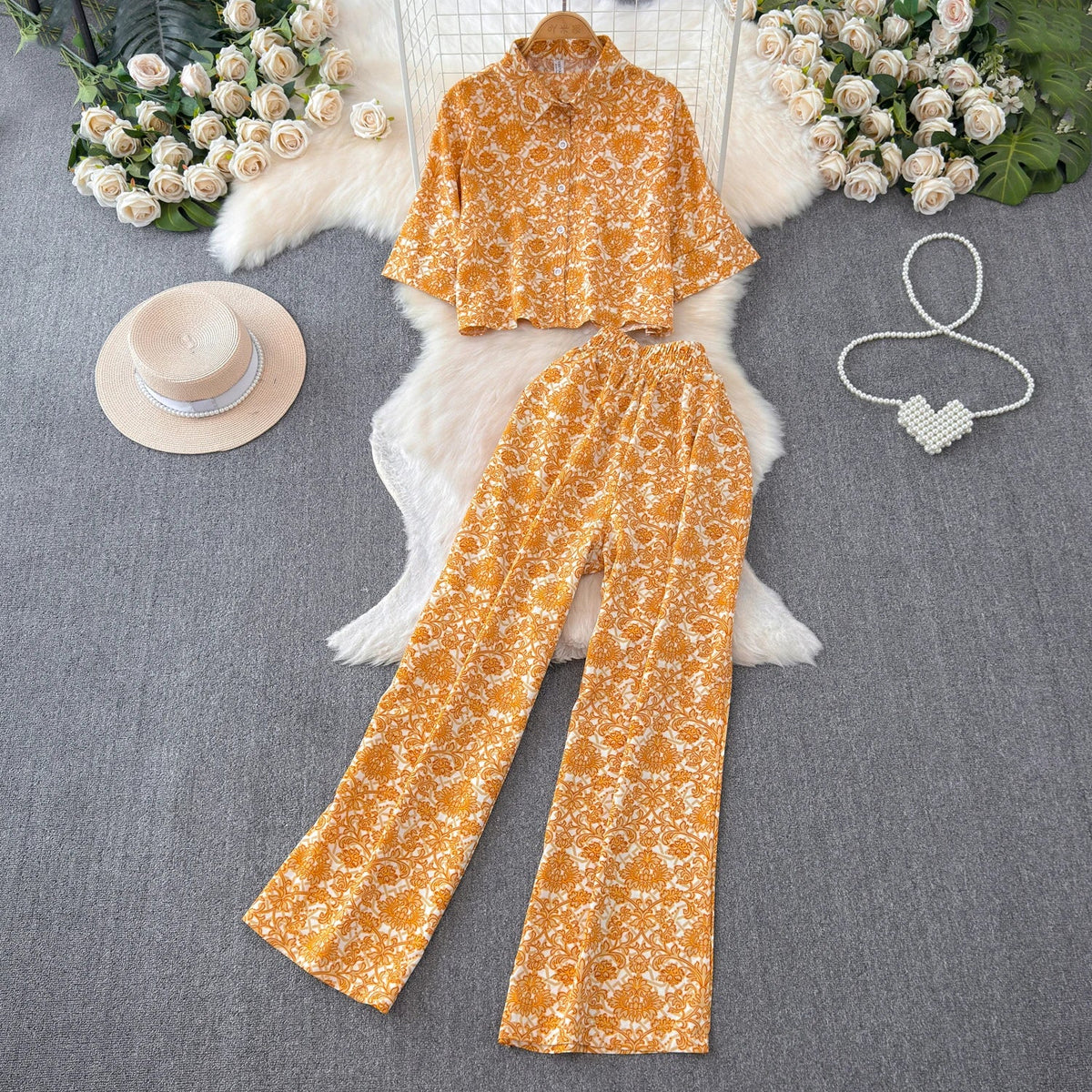 Beach Style Fashion Printed Women Pant Sets 2pcs Short Chiffon Shirts+Wide Leg Pants 2025 New Summer Casual Loose Female Suits
