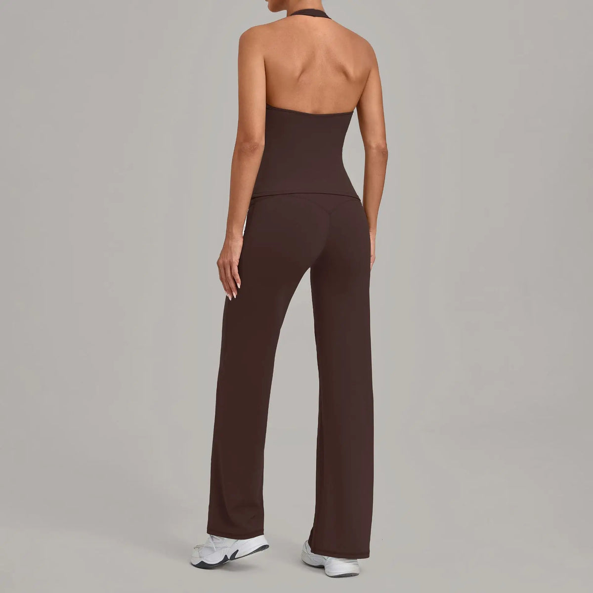 Women Halter V Neck 2Pcs Yoga Outfit Backless Crop Top High Waist Flare Pants Soft Stretch Workout Gym Pilates Casual Tracksuit