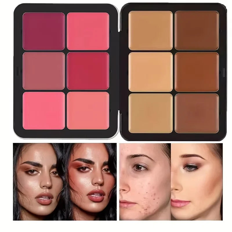 Makeup palettes with blush and bronzer shades and their application on faces.