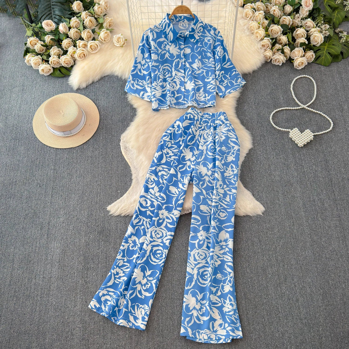 Beach Style Fashion Printed Women Pant Sets 2pcs Short Chiffon Shirts+Wide Leg Pants 2025 New Summer Casual Loose Female Suits