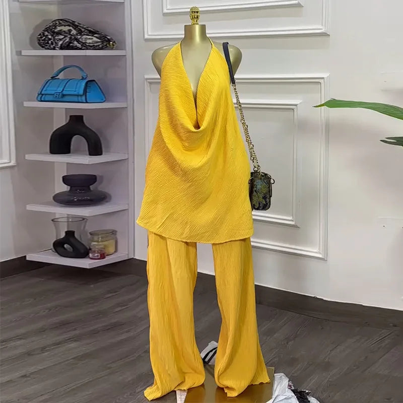 CM.YAYA Fashion Women's Set Deep V-neck Halter Top and Wide Leg Pants Suits 2025 Street Party Two 2 Piece Sets Outfits Tracksuit