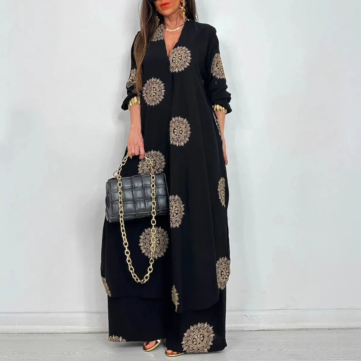 Women's Loose Long Vintage Printed Robe Set Spring Summer Casual Button Shirt Blouses Wide Legs Pants Oversized Two-piece Outfit