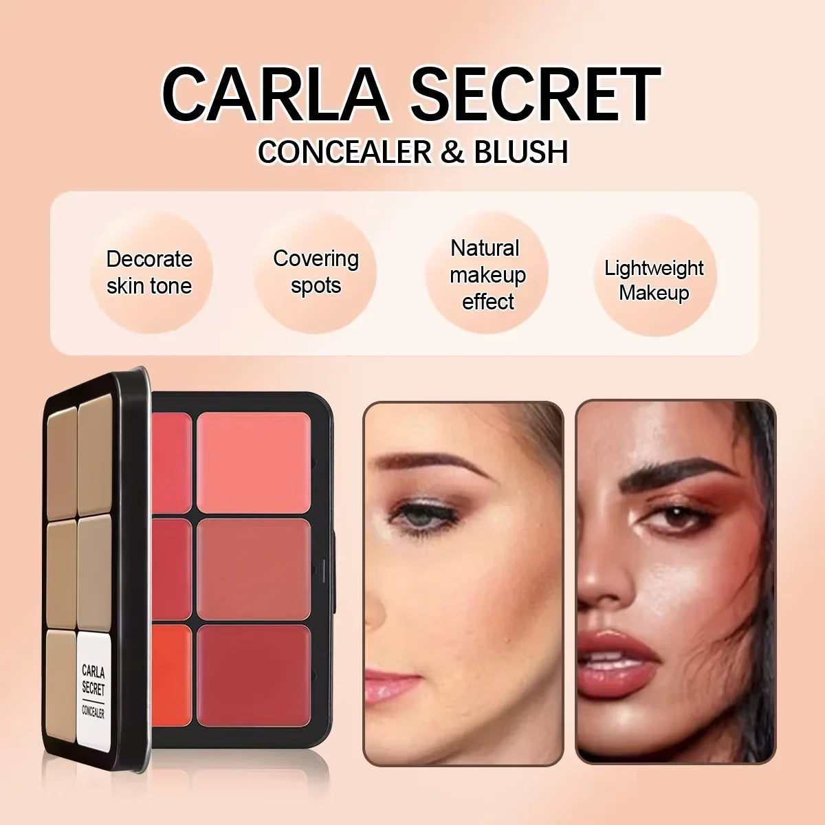 Carla Secret concealer and blush palette with before and after effects on a peach background