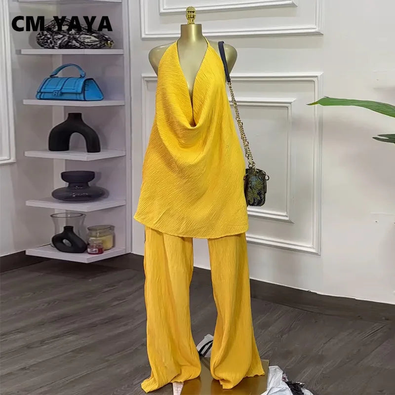 CM.YAYA Fashion Women's Set Deep V-neck Halter Top and Wide Leg Pants Suits 2025 Street Party Two 2 Piece Sets Outfits Tracksuit
