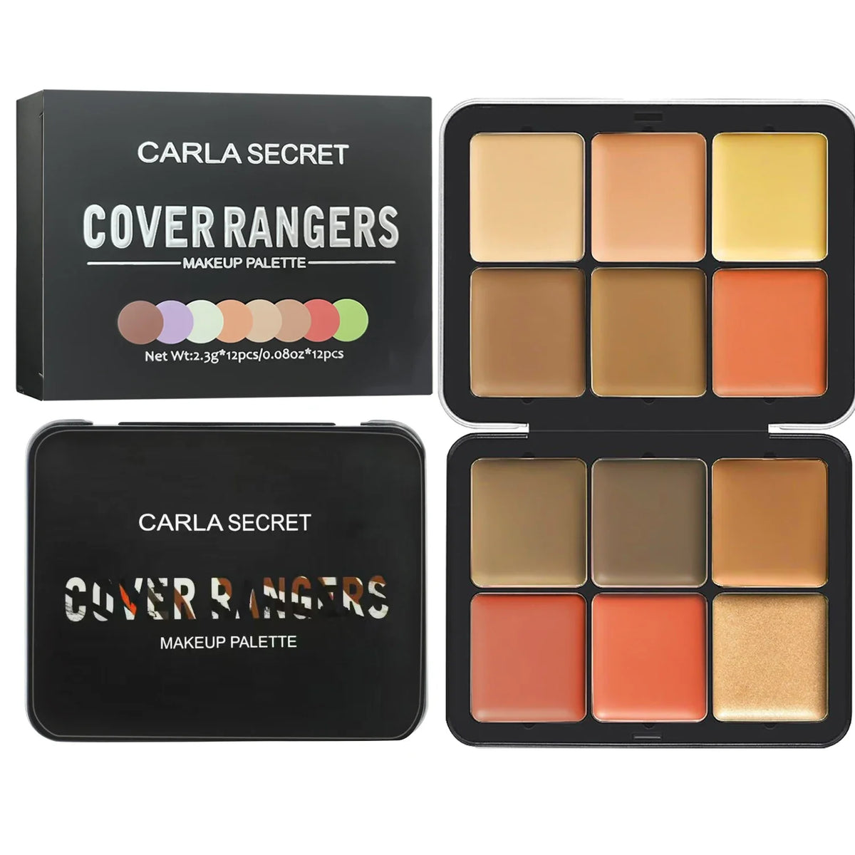 Carla Secret Cover Rangers makeup palette with nine color swatches on a white background