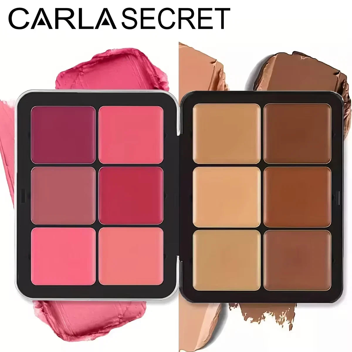 Makeup palettes with pink and brown shades labeled 'CARLA SECRET'.