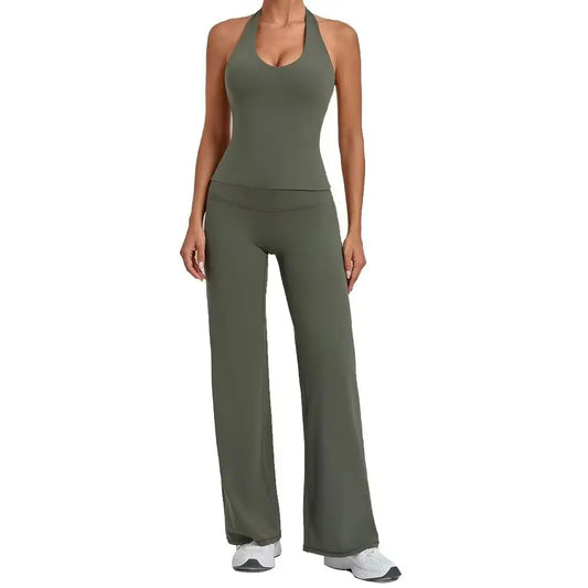 Women Halter V Neck 2Pcs Yoga Outfit Backless Crop Top High Waist Flare Pants Soft Stretch Workout Gym Pilates Casual Tracksuit