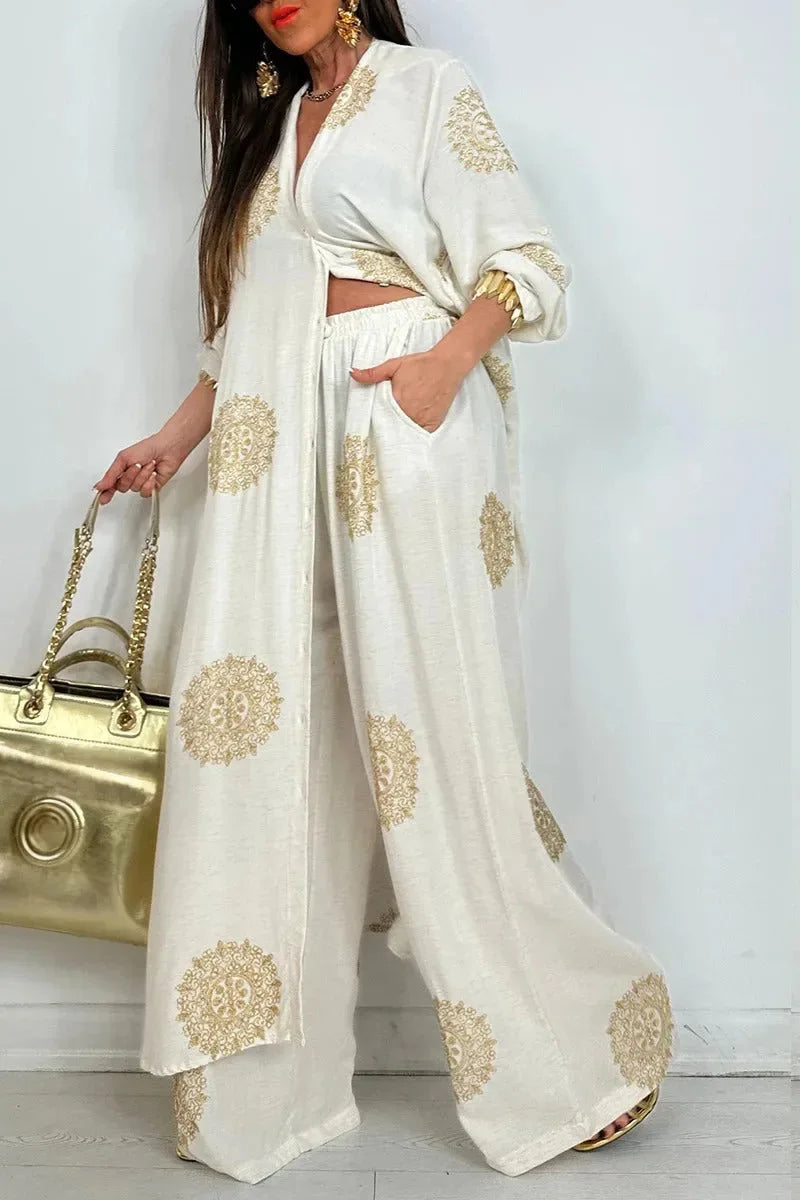 Women's Loose Long Vintage Printed Robe Set Spring Summer Casual Button Shirt Blouses Wide Legs Pants Oversized Two-piece Outfit