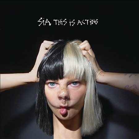 Sia This Is Acting vinyl record album cover featuring iconic black and white Sia hairstyle on a black background, perfect for pop music collectors and vinyl enthusiasts.