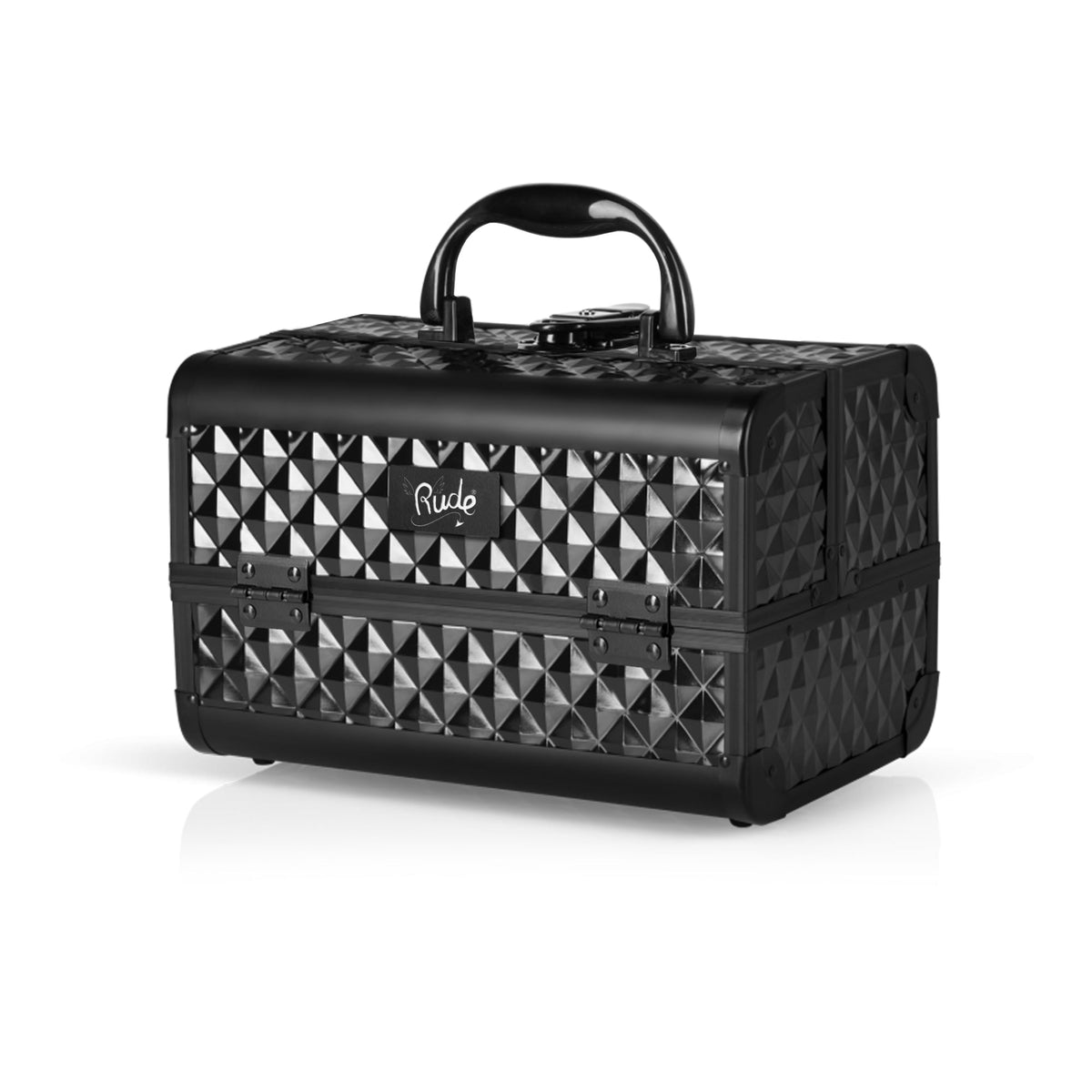 Black geometric patterned makeup case on a white background