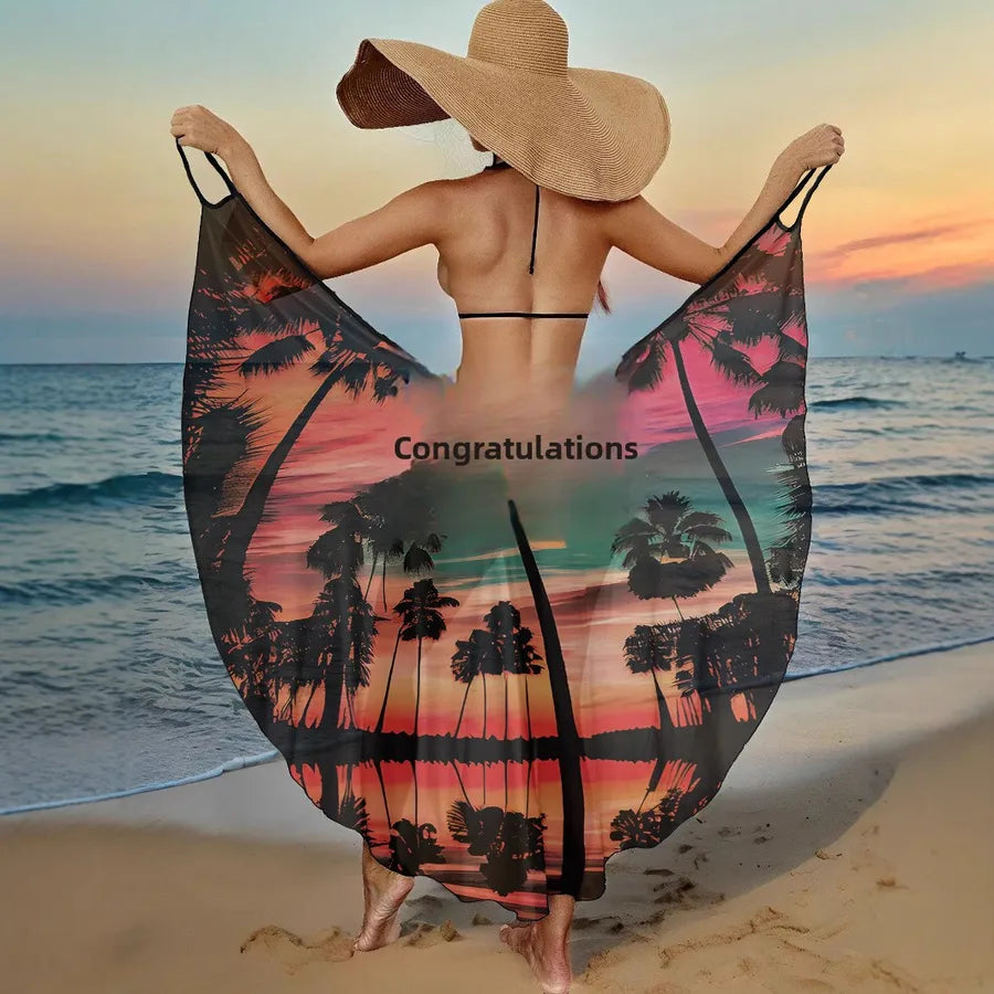 Woman on a beach with a palm tree-patterned sarong and 'Congratulations' text.