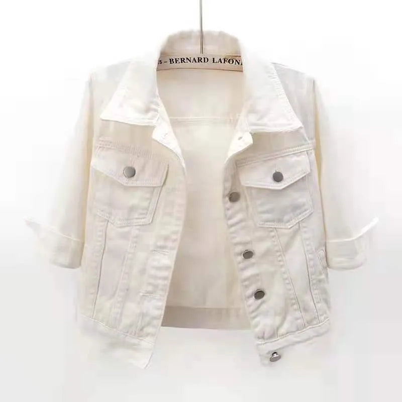 White denim jacket on a mannequin against a white background