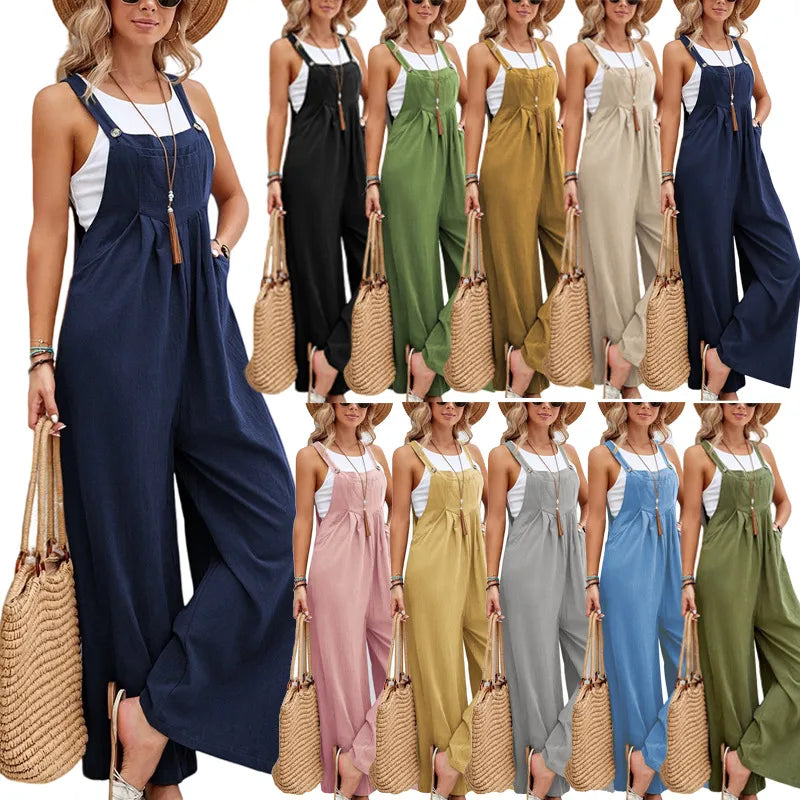 Woman wearing a blue jumpsuit with multiple color options displayed in a collage.