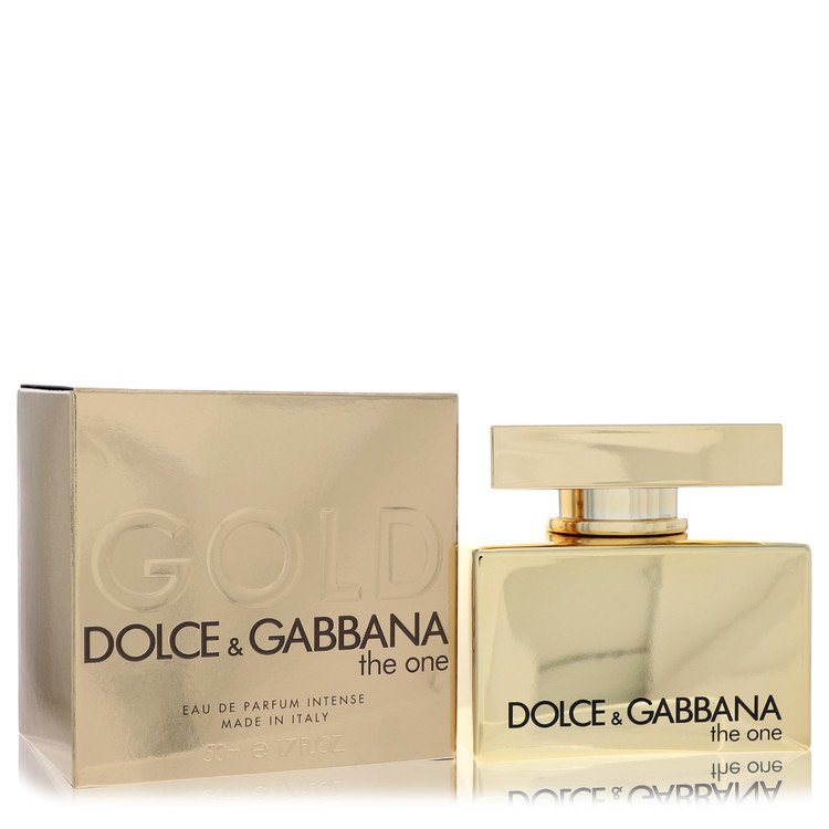 Dolce & Gabbana The One Gold Intense Eau de Parfum spray 1.7 oz, luxury amber woody fragrance for men and women in elegant gold bottle packaging.