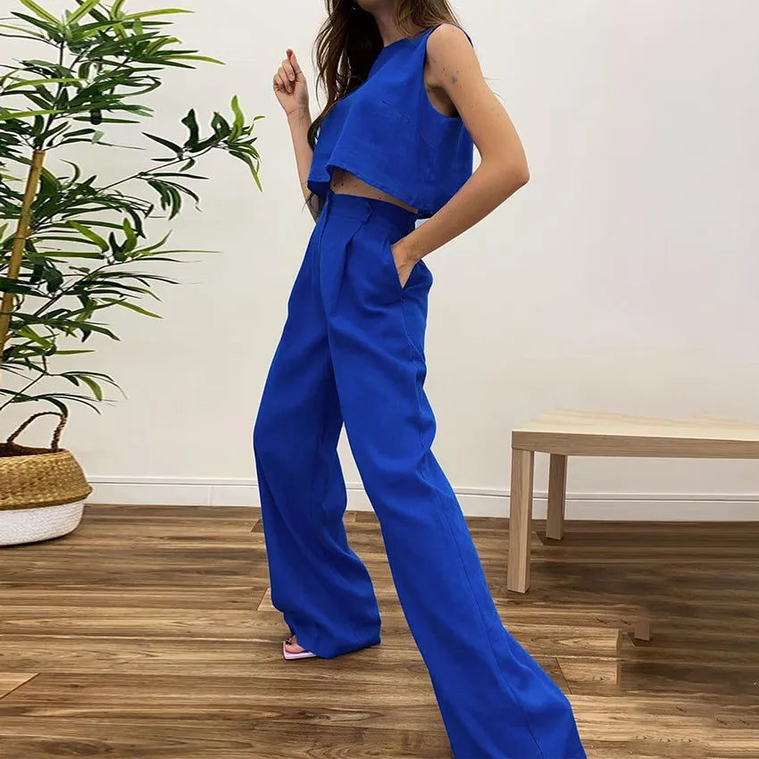 The Sloane Patchwork Lounge Set – Women's Sleeveless Cotton Spandex Crop Top and Pants Set