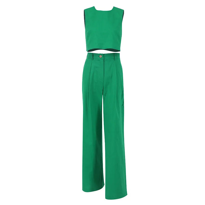 The Sloane Patchwork Lounge Set – Women's Sleeveless Cotton Spandex Crop Top and Pants Set