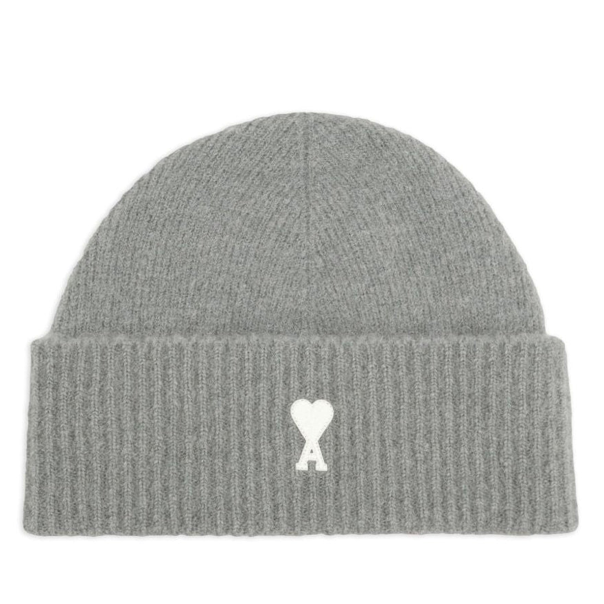 Gray beanie with a white logo on a white background