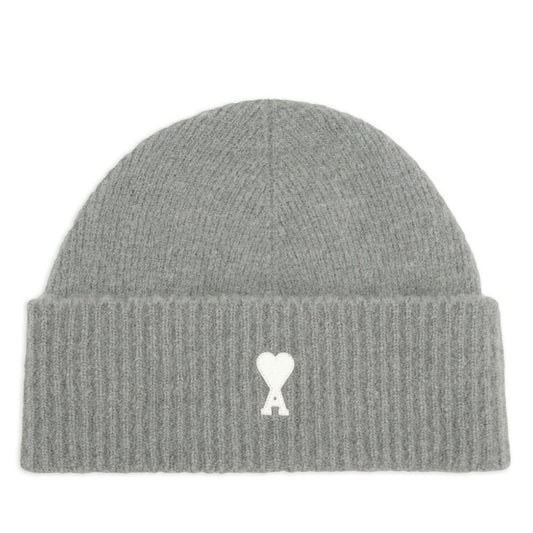 Gray beanie with a white logo on a white background