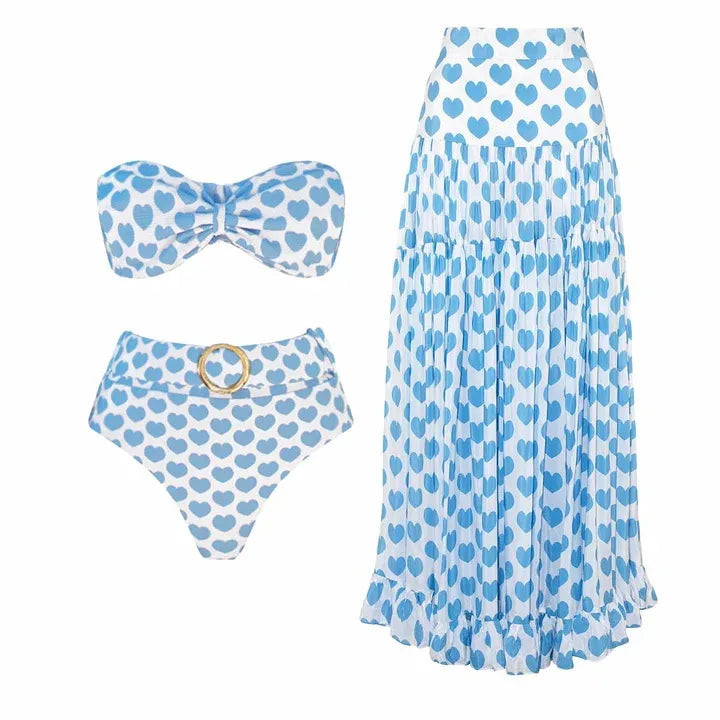 Vacation Heart Shape Sundress & Swimsuit 1 Piece 2 Pieces 3 Pieces Swimwear Sets white bikini set belted with sewn on belt attachment with gold circle ring front. 3 piece set with long white skirt with light blue hearts pattern. 