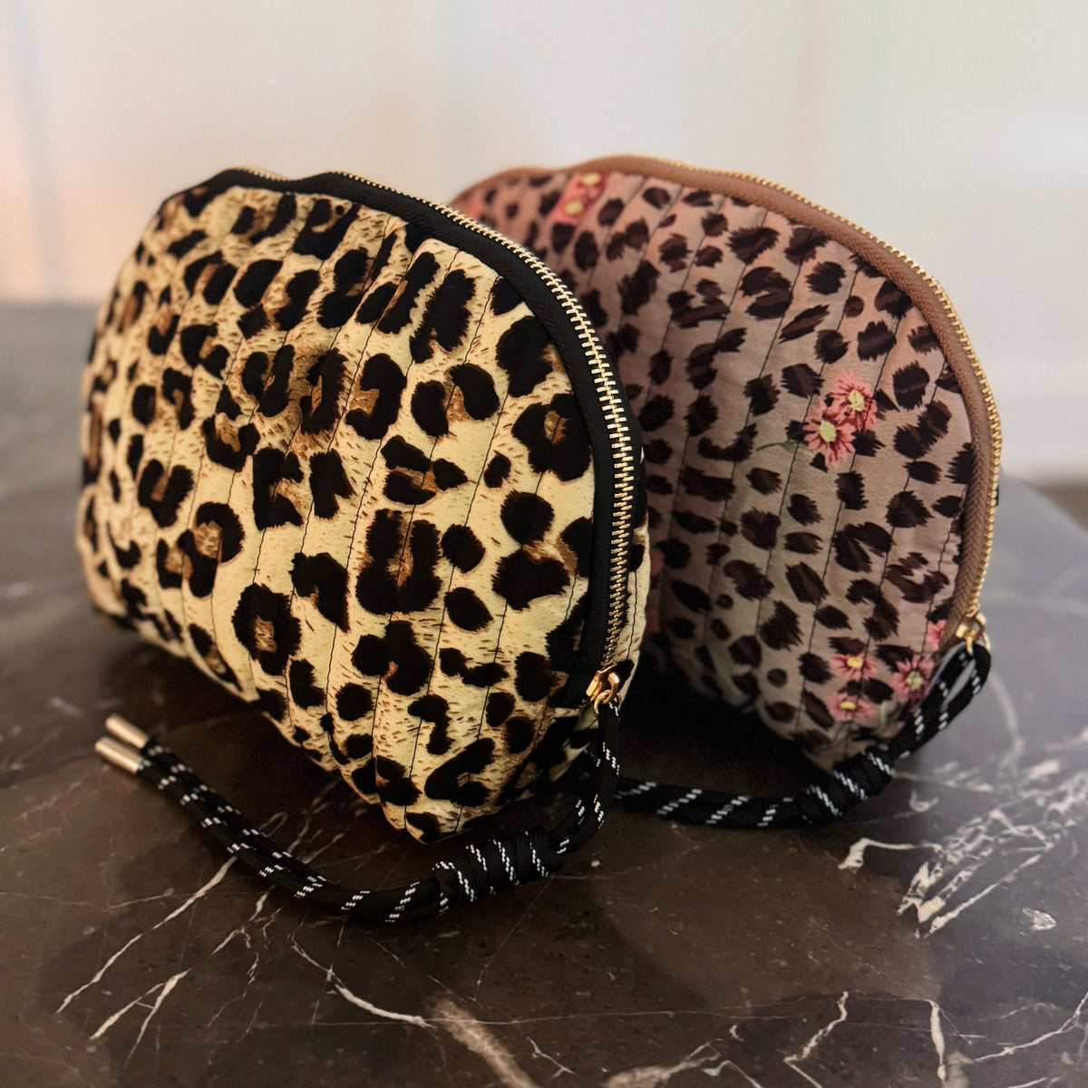 Vintage-Inspired Quilted Leopard Cosmetic Case – Curved Makeup Pouch in Classic and Floral Animal Print