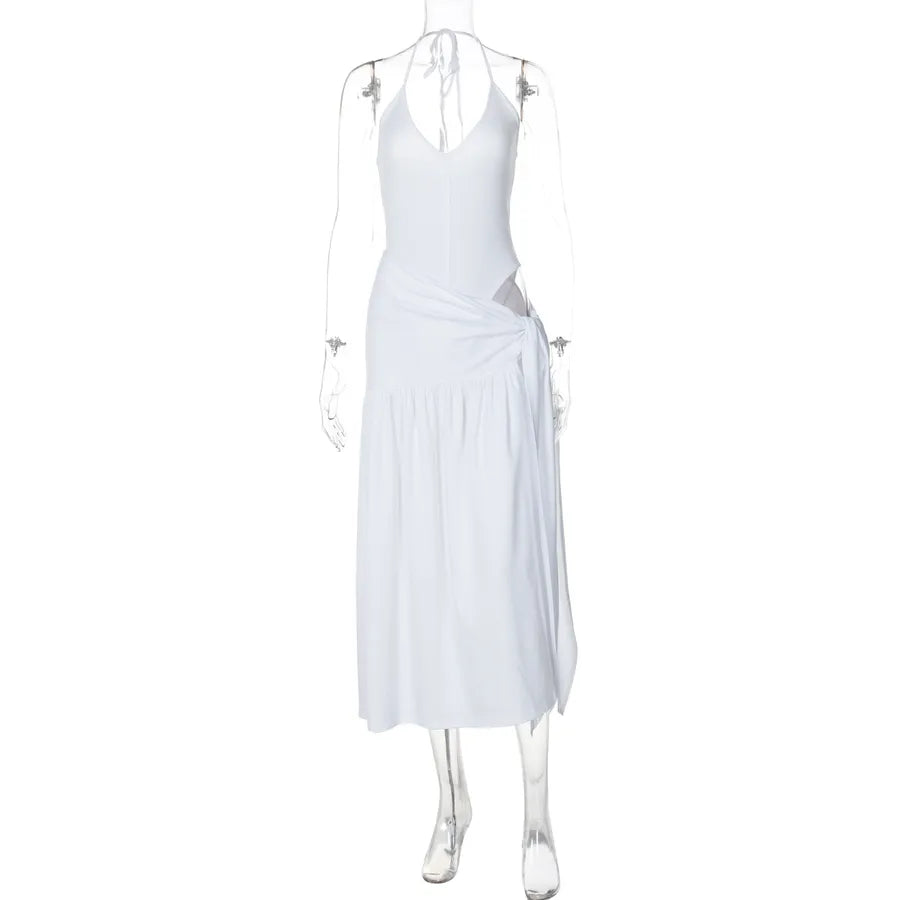 White dress on a mannequin against a white background halter skirt set, two piece outfit women, skirt co ord set, matching set women, bodycon skirt set, sexy vacation outfit, halter neck outfit, asymmetrical outfit, date night outfit, clubwear women, birthday outfit women, resort wear women, vacation clothes women, slim fit skirt set, elegant two piece set, womens co ord set, sexy matching set, summer outfit women, luxury fashion women, trendy two piece outfit swimsuit